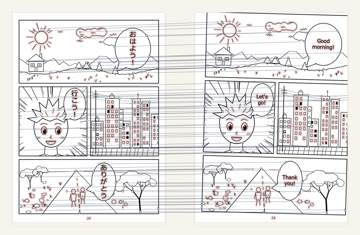Sample pages, Japanese on the left and English on the right, with lines joining matching points on the drawings. The areas around the balloon text are tinted light red and are not used for matching.
